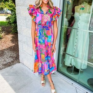 Sugarlips Colorful Ruffle Sleeve Midi Dress